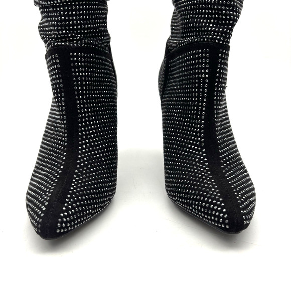 Vintage Y2K Report 'CASI' Black Faux Suede Rhinestone Block Heel Slouchy Boots 6 - Picture 7 of 15